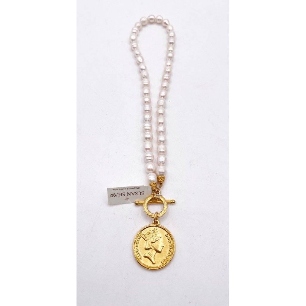 Nwt Susan Shaw Queen Elizabeth Coin On Pearl Pendant Necklace Gold Tone Usa 130$